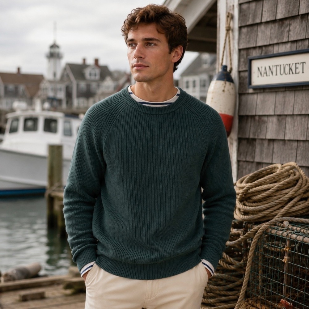 Quince Mens 100% Organic Cotton Ribbed Crewneck Sweater Size M Green Breathable